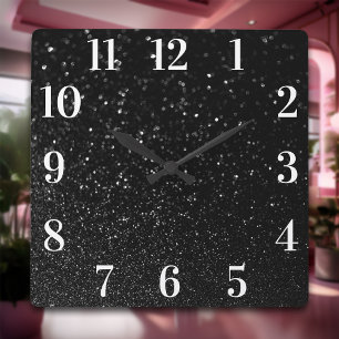 Faux Black Glitter Modern Elegant White Numbers Square Wall Clock