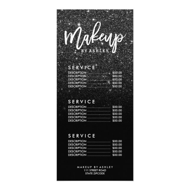 Faux black glitter ombre white makeup price list rack card (Front)