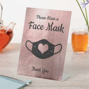 Faux Black Glitter Rose Gold Wear a Face Mask Pedestal Sign