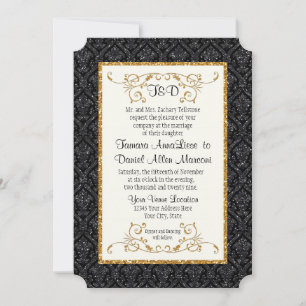 Faux Black Gold Glitter Damask Pattern Wedding Invitation