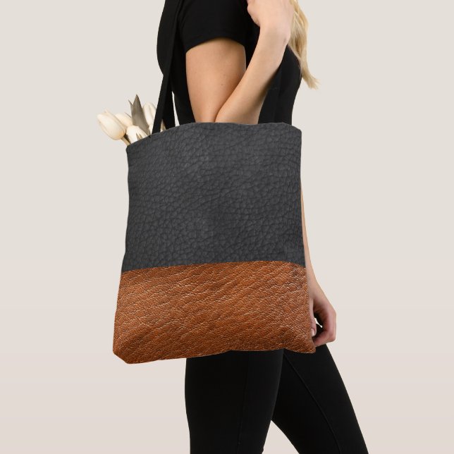 Faux Black/Golden Brown Leather - Tote Bag (Close Up)