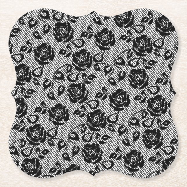 Faux Black Lace Fishnet Paper Coaster with Roses (Front)