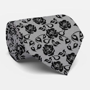 Faux Black Lace Neck Tie Fishnet with Roses