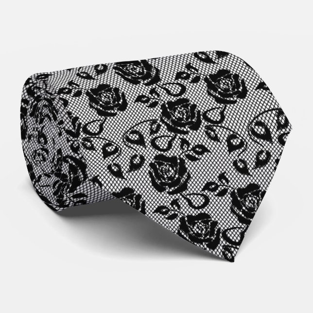 Faux Black Lace Neck Tie Fishnet with Roses (Rolled)