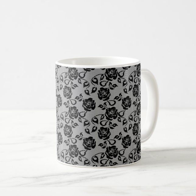 Faux Black Lace Rose Fishnet Coffee Mug (Front Right)