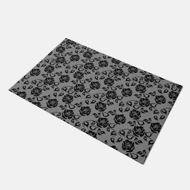 Faux Black Lace Rose Fishnet Doormat (Angled)