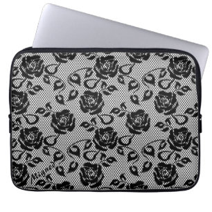 Faux Black Lace Rose Fishnet Laptop Sleeve