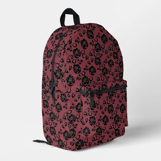 Faux Black Lace Rose Fishnet Red Backpack (Back Corner Left)