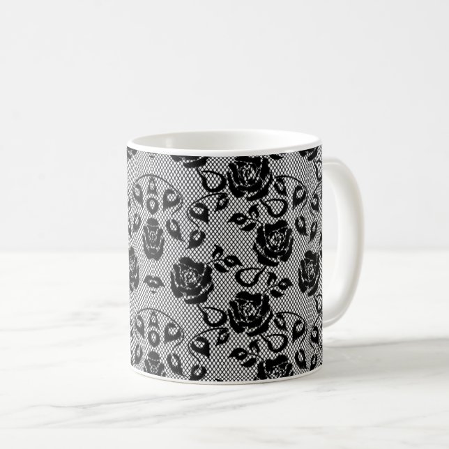 Faux Black Lace Roses Fishnet Coffee Mug (Front Right)