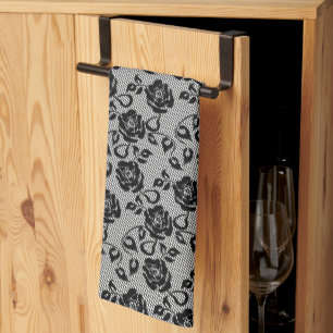 Faux Black Lace Roses Fishnet Kitchen Towel