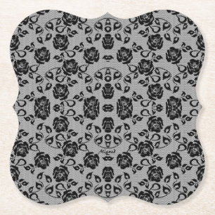 Faux Black Lace Roses Fishnet Paper Coaster