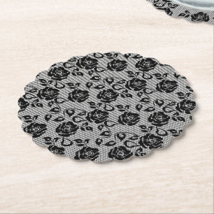 Faux Black Lace Roses Fishnet Paper Coaster