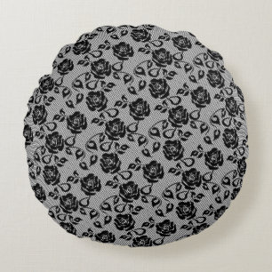 Faux Black Lace Roses Fishnet Round Pillow