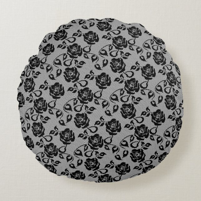 Faux Black Lace Roses Fishnet Round Pillow (Front)