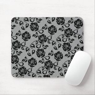 Faux Black Lace Roses Fishnets - Romantic Modern Mouse Pad