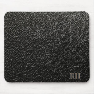 Faux Black Leather Custom Monogrammed Initials Mouse Pad