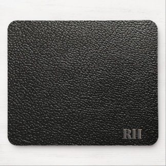 Faux Black Leather Custom Monogrammed Initials Mouse Pad