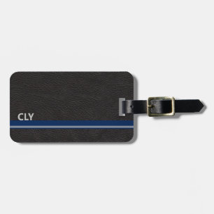 Faux Black Leather Monogram Blue Bar Luggage Tag