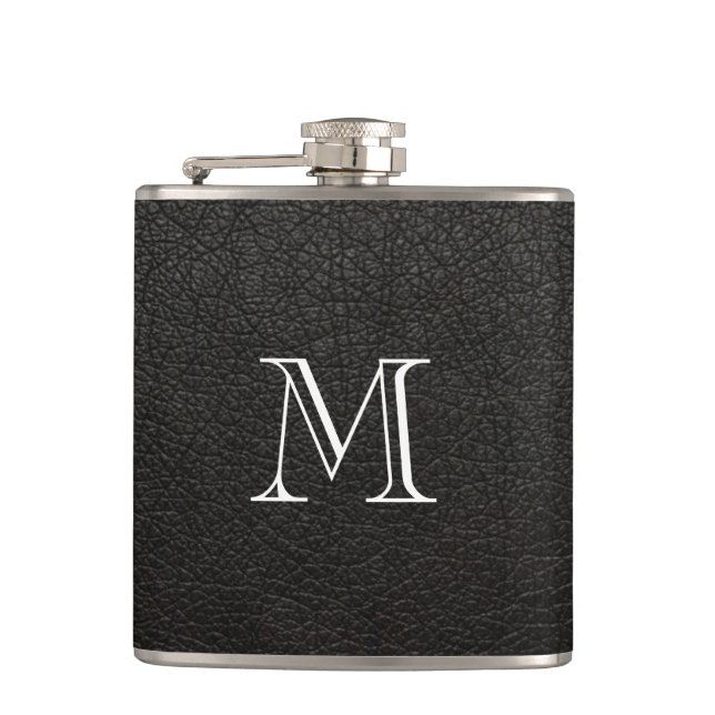 Faux Black Leather Monogram Stainless Steel Flask (Front)
