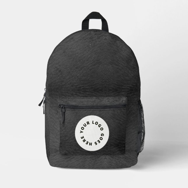 Faux Black Leather With Logo Printed Backpack (Front)