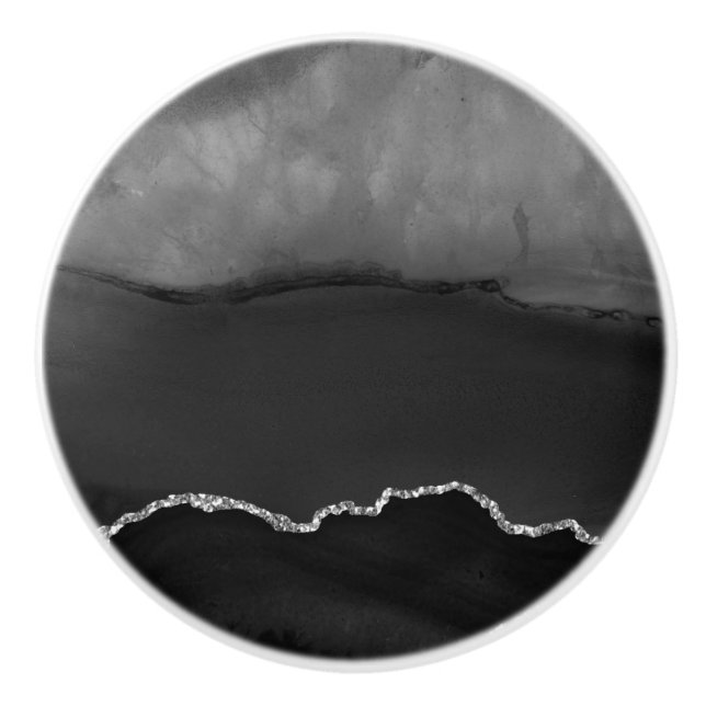 Faux Black Marbled Agate Elegant Silver Glitter Ceramic Knob (Front)