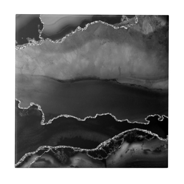 Faux Black Marbled Agate Elegant Silver Glitter Ceramic Tile (Front)