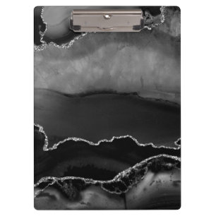 Faux Black Marbled Agate Elegant Silver Glitter Clipboard