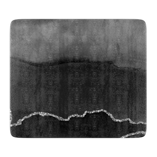 Faux Black Marbled Agate Elegant Silver Glitter Cutting Board (Front)