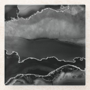 Faux Black Marbled Agate Elegant Silver Glitter Glass Coaster