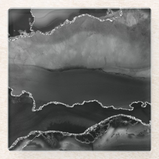 Faux Black Marbled Agate Elegant Silver Glitter Glass Coaster (Front)