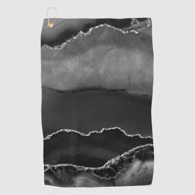 Faux Black Marbled Agate Elegant Silver Glitter Golf Towel (Front)