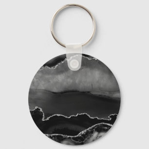 Faux Black Marbled Agate Elegant Silver Glitter Key Ring