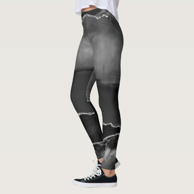 Faux Black Marbled Agate Elegant Silver Glitter Leggings (Left)