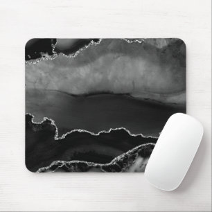 Faux Black Marbled Agate Elegant Silver Glitter Mouse Pad