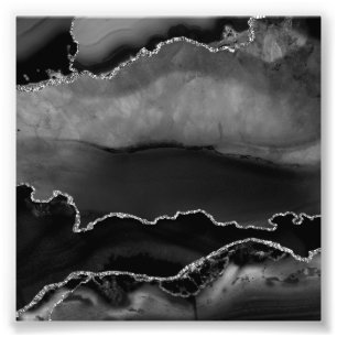 Faux Black Marbled Agate Elegant Silver Glitter Photo Print