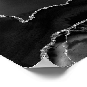 Faux Black Marbled Agate Elegant Silver Glitter Poster