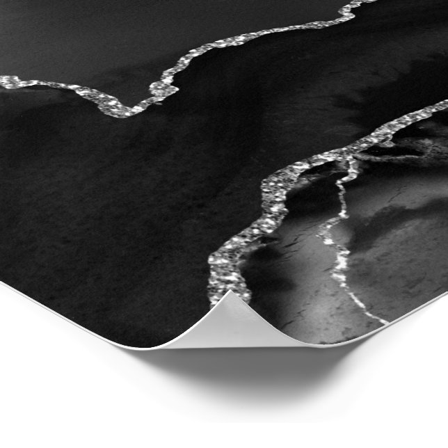 Faux Black Marbled Agate Elegant Silver Glitter Poster (Corner)