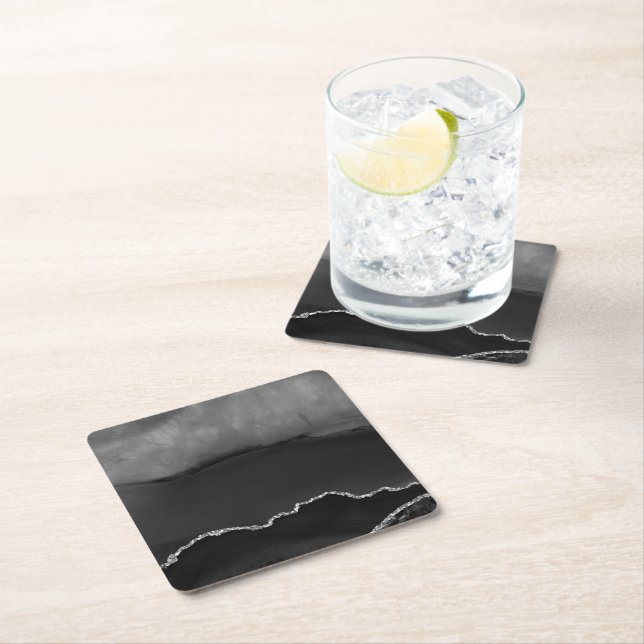 Faux Black Marbled Agate Elegant Silver Glitter Square Paper Coaster (Insitu)