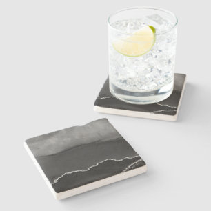 Faux Black Marbled Agate Elegant Silver Glitter Stone Coaster