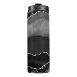 Faux Black Marbled Agate Elegant Silver Glitter Thermal Tumbler