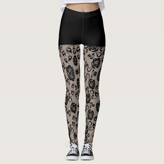 Faux Black Roses Lace Fishnet and Shorts Leggings (Front)