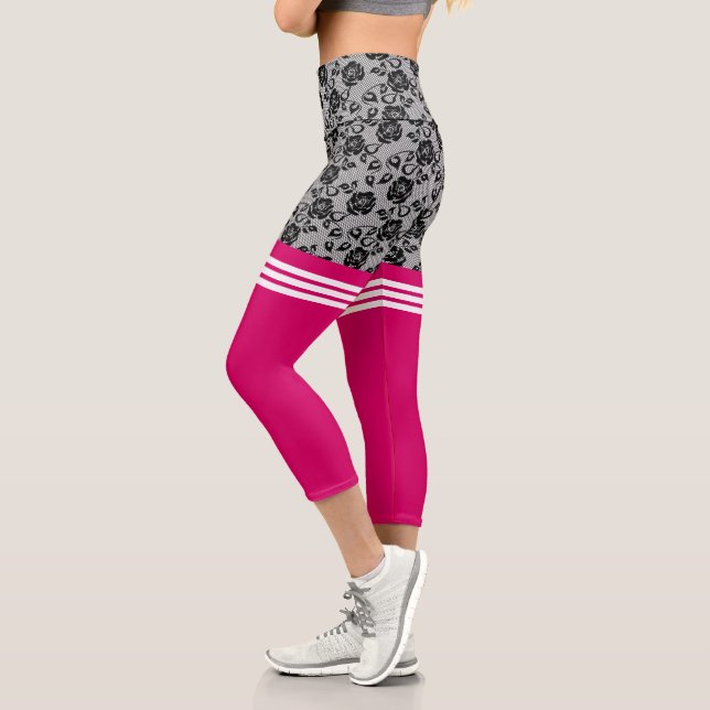 Faux Black Roses Lace Fishnet Otk Socks - Elegant Capri Leggings (Left)