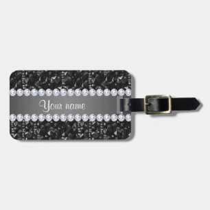 Faux Black Sequins and Diamonds Luggage Tag