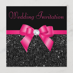 Faux Black Sequins and Hot Pink Bow Wedding Invitation
