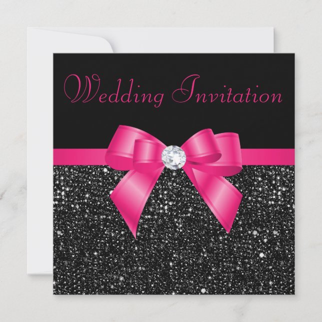 Faux Black Sequins Hot Pink Bow Wedding Invitation (Front)