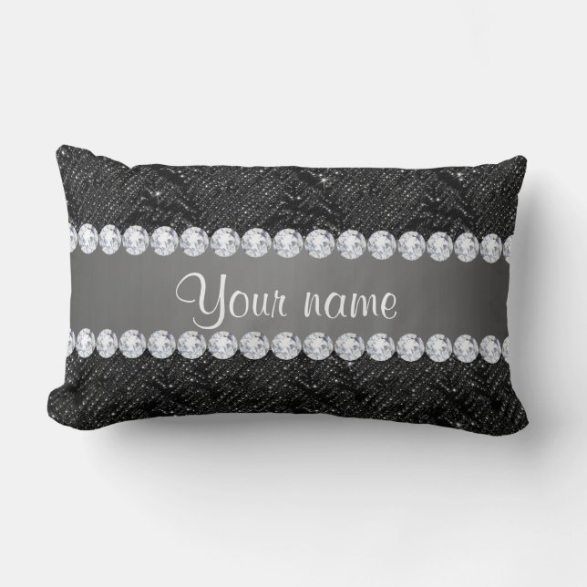 Faux Black Sequins Sparkles and Diamonds Lumbar Cushion (Front)