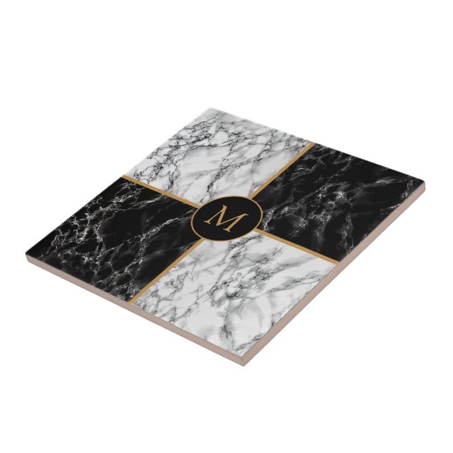 Faux Black White Check Marble Monogram Special Ceramic Tile (Side)