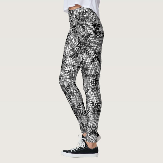 Faux Black White Lace Fishnet Leggings Romantic (Left)