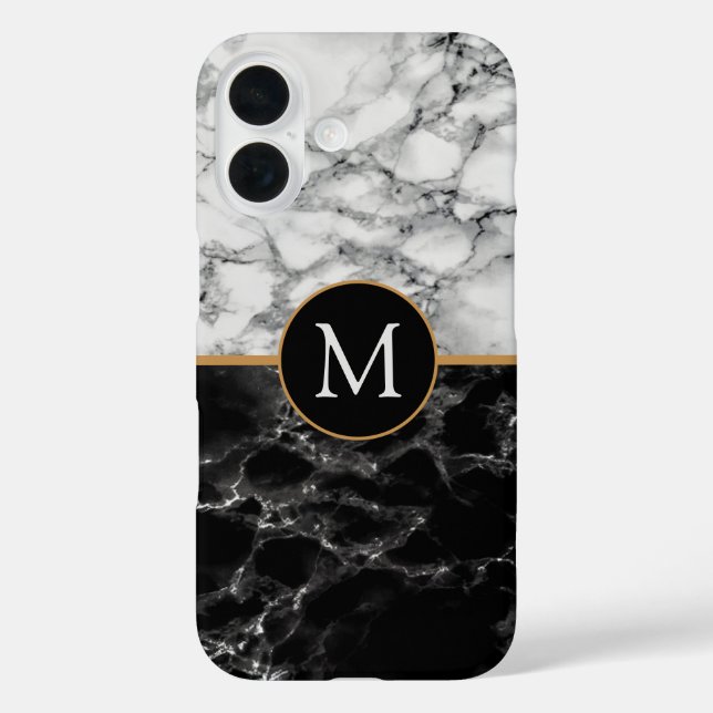 Faux Black White Marble Custom Letter iPhone Case (Back)
