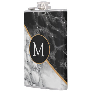 Faux Black White Marble Flask Personalised Letter